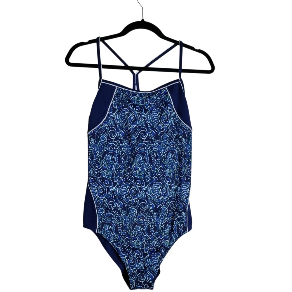 Lands End Womens Blue‎ Paisley One Piece Swimsuit Racerback Size 14